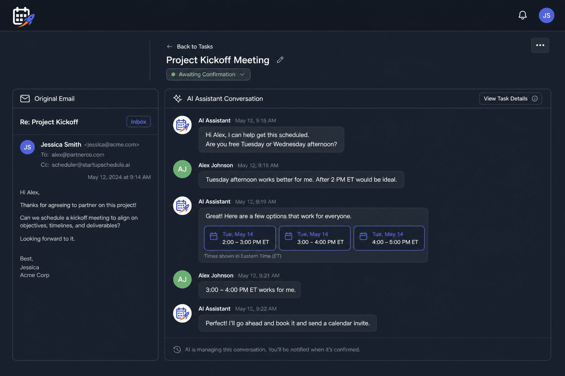 An example of the StartupSchedule AI assistant negotiating a meeting time with a contact over email.